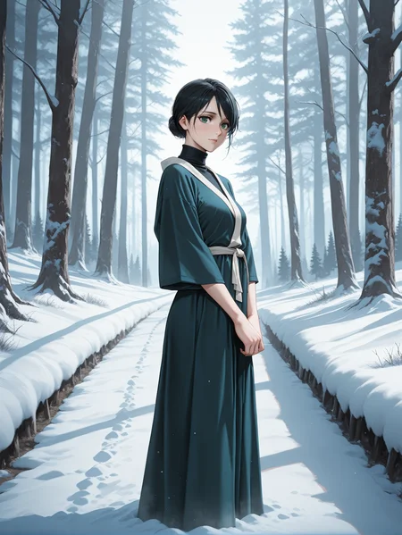 masterpiece, best quality, amazing quality, very aesthetic, absurdres, newest,
<lora:ILW3Iris:1.0>
W3Iris, 1girl, black hair, green eyes, hair bun, looking at viewer, snowy forest environment, late morning environment, serene theme, snowflakes gently falling, standing on a path through the woods, soft cool lighting