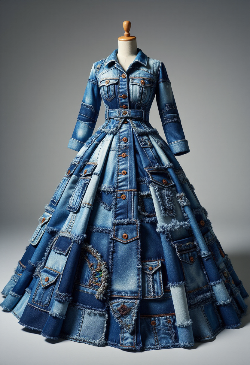 <lora:Denim_Dreamer_FLUX-000021:0.9>  
The image is a CGI rendering of a fancy dress designed to resemble a patchwork quilt made from denim fabric, complete with a whimsical, surreal aesthetic.