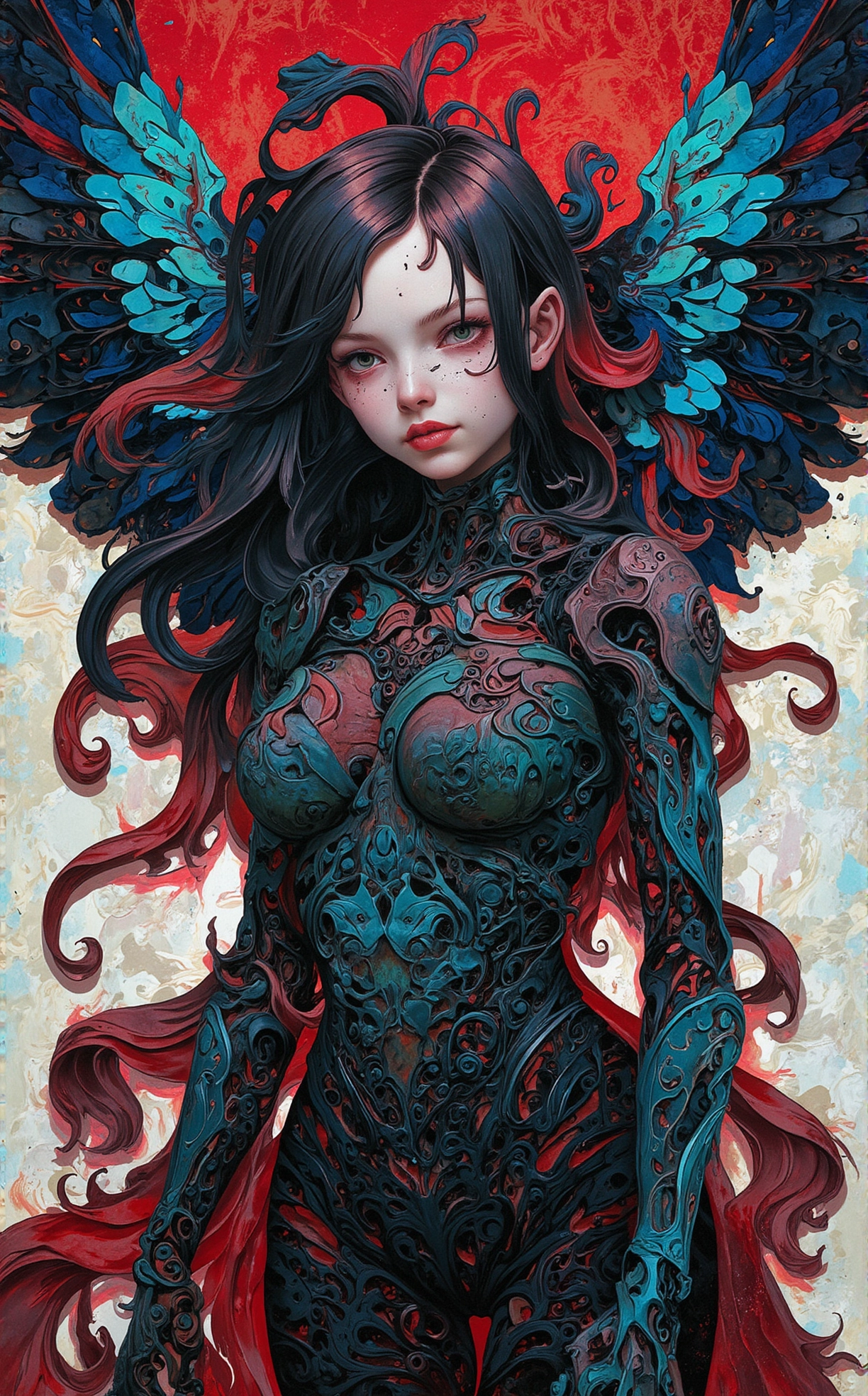 Off-center composition, studio lighting with gels for colored shadows, female, 20 y.o, long hair, film grains, cinematography, high resolution, highly detailed, ethereal atmosphere, misty, soft light, cybernetic implants, synthetic limbs, cyberpunk, knva, cyborg, surreal, iridescent, futuristic, paper quilling art of gothic style art by Trish Mistric, art by Veronika Pinke, , surreal, dreamlike, symbolic, narrative, Figurative abstraction, vibrant colors, emotional expression . dark, mysterious, haunting, dramatic, ornate, detailed . intricate, delicate, curling, rolling, shaping, coiling, loops, 3D, dimensional, ornamental