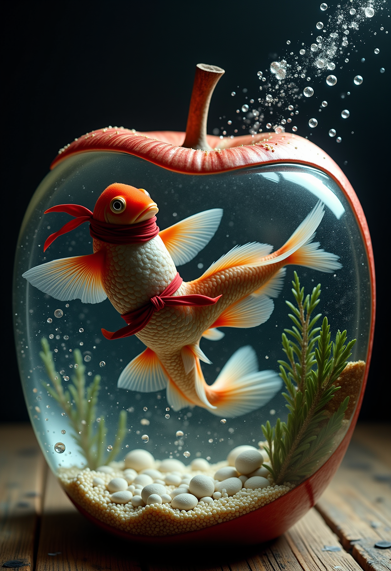 a fish with a red bandana performing a visually stunning karate kick inside a apple shaped fish tank, soft particles  <lora:Dever_Flux_Enhancer:0.5>