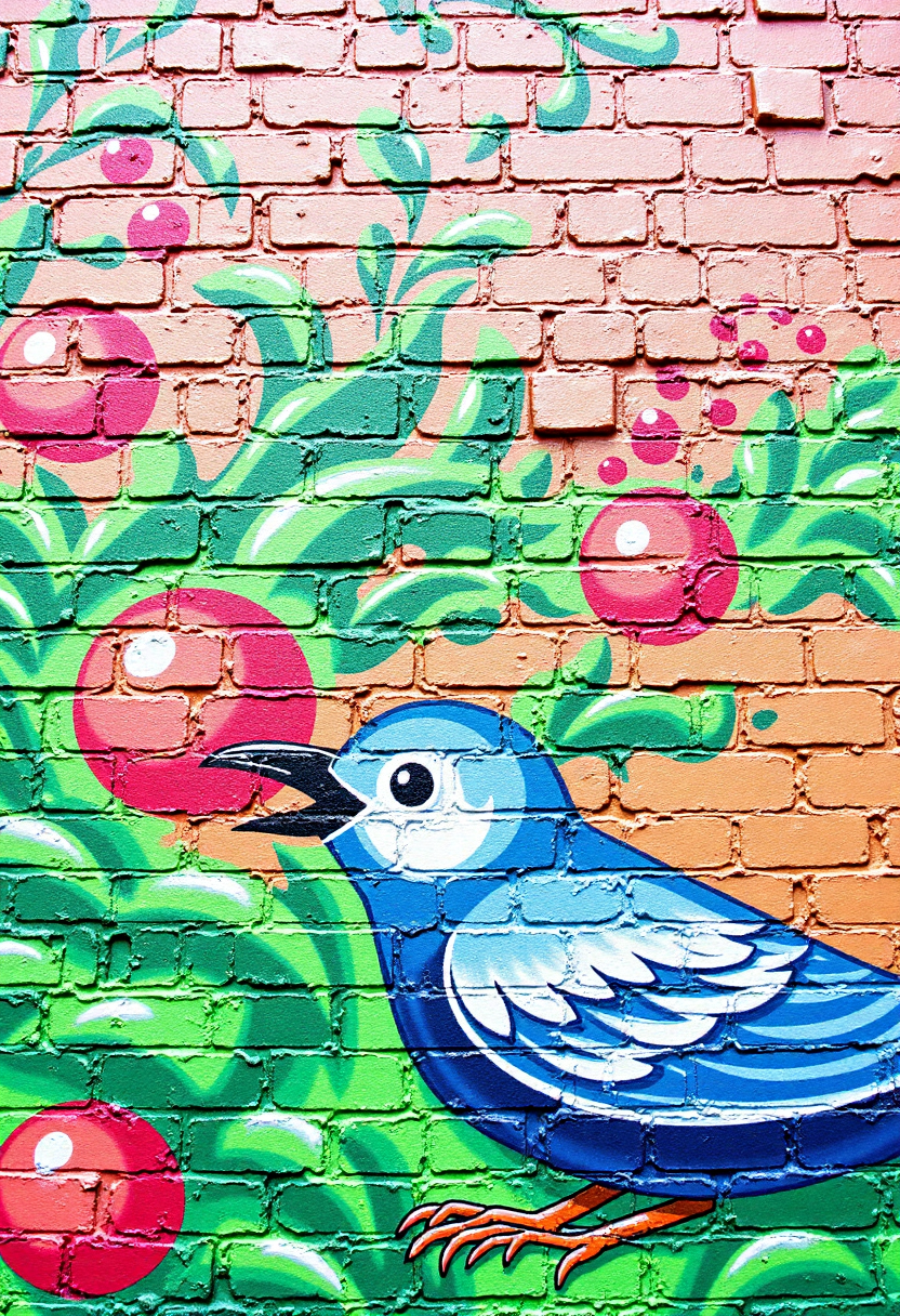 <lora:Brick_Wall_Graffiti_FLUX:1>
This is a vibrant, detailed photograph of a mural painted on a brick wall. The mural features a stylized, cartoonish depiction of  a bird pecking fruit out of a bush