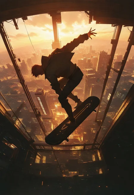 realistic, lm7 \(op-center\), sabu \(sabudenego\), dino \(dinoartforame\),
newest, masterpiece, highres, year 2077,
fisheye, perspective, from above, from side, aerial view, solo, urban city, cityscape, , dirty streets, graffiti sunlight, day, sunrays, light, bent knees, leaning forward, in motion, clouds, haze, (midair:1.2(), futuristic, solo, 1boy, cyberpunk punk, punk clothes, red mohawk, neon glowing, neon lights, standing skateboarding on futuristic hoverboard :1.2), flying, looking afar, serious, outstretched arm, outstretched hand,
beautiful, intricate, detailed background,
<lora:ponyv4_noob1_2_adamW:0.4>, <lora:96YOTTEA-WAI:0.6>, <lora:KonyaKarasue-000008:0.5>,