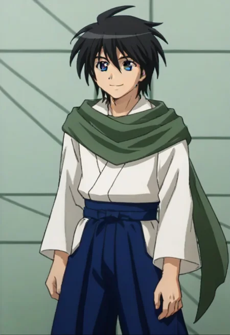 ((masterpiece)), ((best quality)), ((ultra-detailed)), score_9_up, score_8_up, score_7_up, HD, top quality, best quality, High-quality illustrations, anime screencap, perfect anatomy, 1male, 1boy, solo male, male focus, anime, anime boy, male anime character, Yoichi Karasuma, black hair, long messy hair, blue eyes, long green scarf, japanese clothes, long blue hakama skirt, wooden boken sword, easynegative, ng_deepnegative_v1_75t, neghands, handsome, attractive, cute, smiling, happy, bright eyes