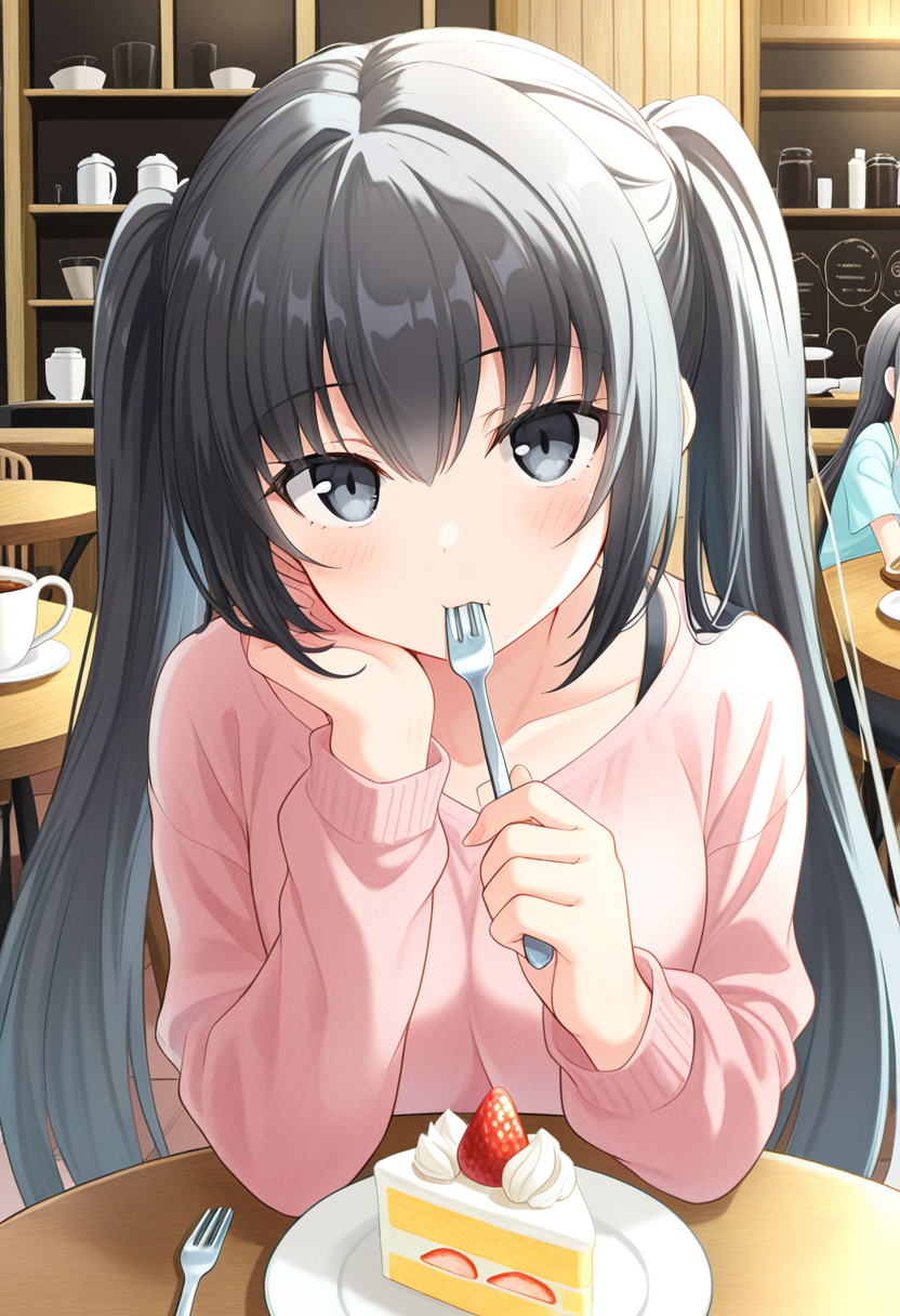 1girl, oregairumiagup, black hair, very long hair, twintails, black eyes, looking at viewer,  cute, cafe, cake, fork, eating, pov dating, <lora:RumiHighSchool_ill_v2:1>, masterpiece, best quality, high quality, detailed, absurdres
