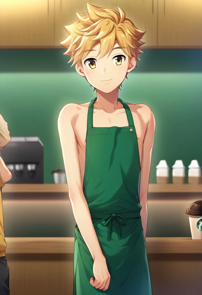 hikarishi_kenji, blond hair, short hair, bangs, 1boy, (solo:1.20), solo focus, character with (medium build body:1.1), (balanced:1.2), 1boy, solo, solo focus, shirtless, wear black tight short, smile, young, wear apron, work as barista, at coffee shop