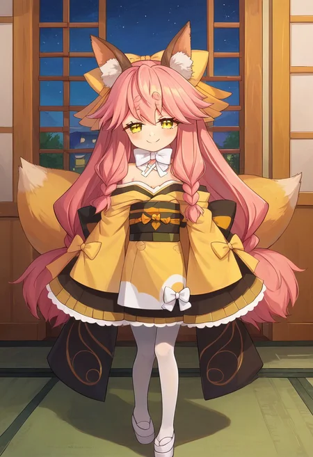 score_9, score_8_up, score_7_up, source_anime, prefect lighting, very aesthetic, intricate details, highly detailed background, masterpiece, high quality, prefect hands, best quality, 1girl, (shortstack:0.8), solo, <lora:aria.pony:1>, aria, pink hair, long hair, braid, yellow eyes, animal ear fluff, fox ears, fox tail, yellow hair bow, small breasts, yellow kimono, japanese clothes, long sleeves, sleeves past wrists, wide sleeves, white bow, bare shoulders, white pantyhose, obi, ribbon, white footwear, gentle smile, blush, indoors, house, bedroom, night, night sky, looking at viewer, pov