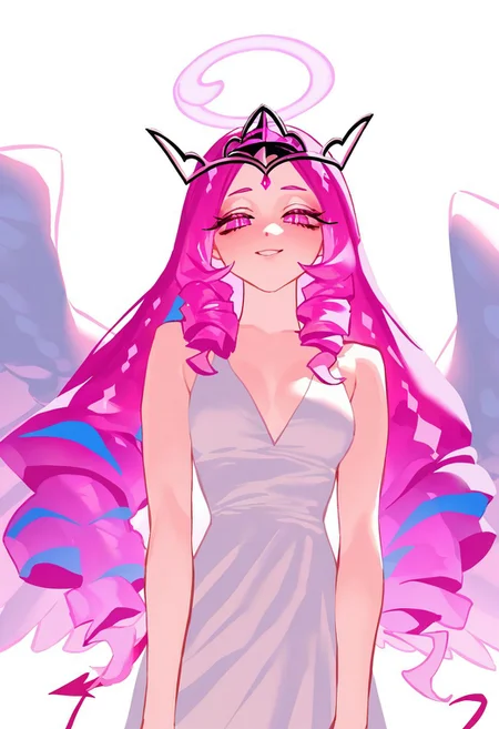 esucrk, year 2024, masterpiece, best quality, ultra-detailed, very aesthetic, very awa, newest, absurdres, highres, 1girl, pink hair, gradient hair, tiara, halo, parted hair, white dress, slit pupils, tail, sleeveless, smile, drill hair, wings, v neck, pink eyes, upper body, white background, chengongzi123, nat the lich, ribao, (suzumi \(ccroquette\):0.5), looking at viewer, close-up