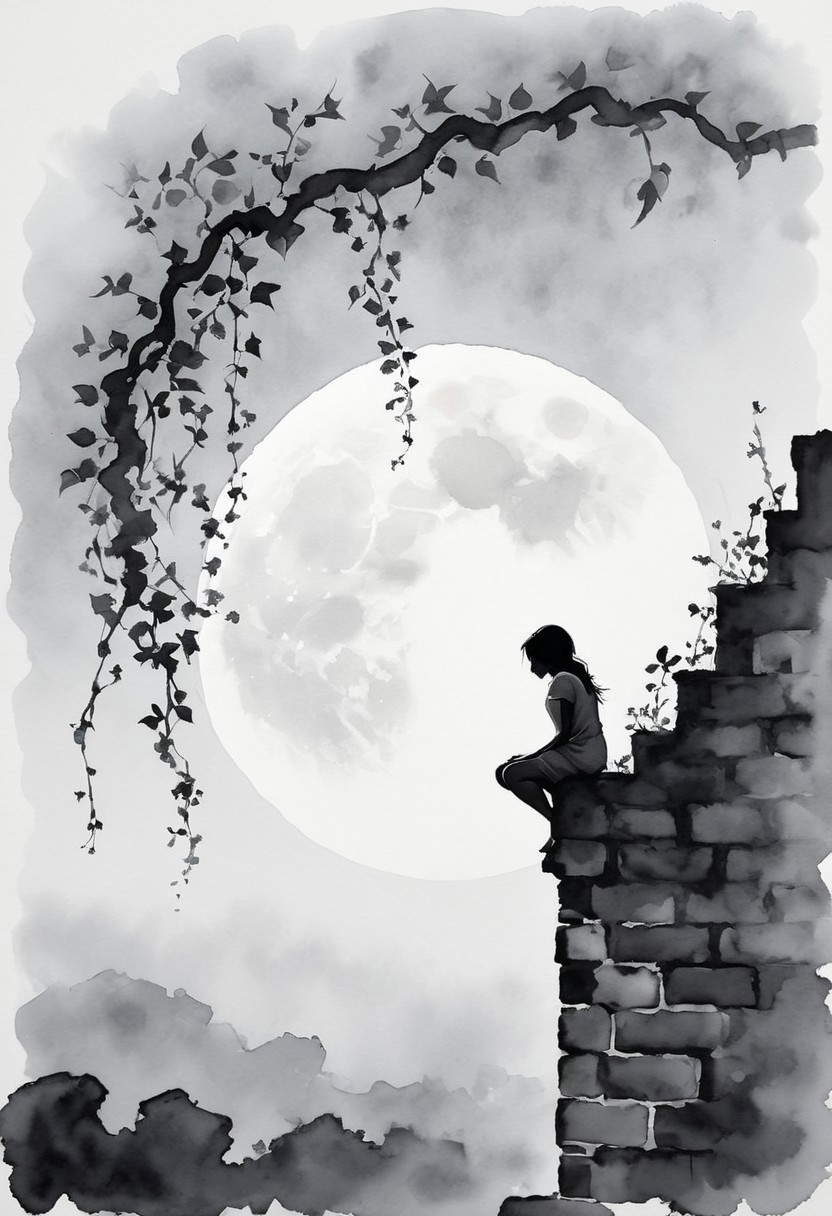ink-painting, ink wash,, ink wash painting,, white background, flowering honeysuckle vine growing up a crumbling brick wall, silhouette of a  young girl sitting on top of the wall, backlit by an enormous moon, monochrome, greyscale, minimalistic, nature, traditional media, ink, solo, botanical.