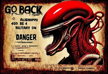 text at the bottom saying "danger", double exposure, big (text number "404" on military helmet:1.4), poster, big red bar over alien eyes with text that says ("go back":1.4), there's a (xenomorph alien:1.2) mugshot underneath, in dark steampunk setting, dramatic, intricate detail, big red bar over the mugshot woth the words ("go back"),masterpiece, octane render, winner artstation contest, highest quality, ultrasharp, epic, warm light, art by mab graves, artstation, rhads, #photography , eerie but beautiful, perfect render, mugshot of alien with text on top saying "go back", glowing,(text at the bottom saying "danger":1.4)