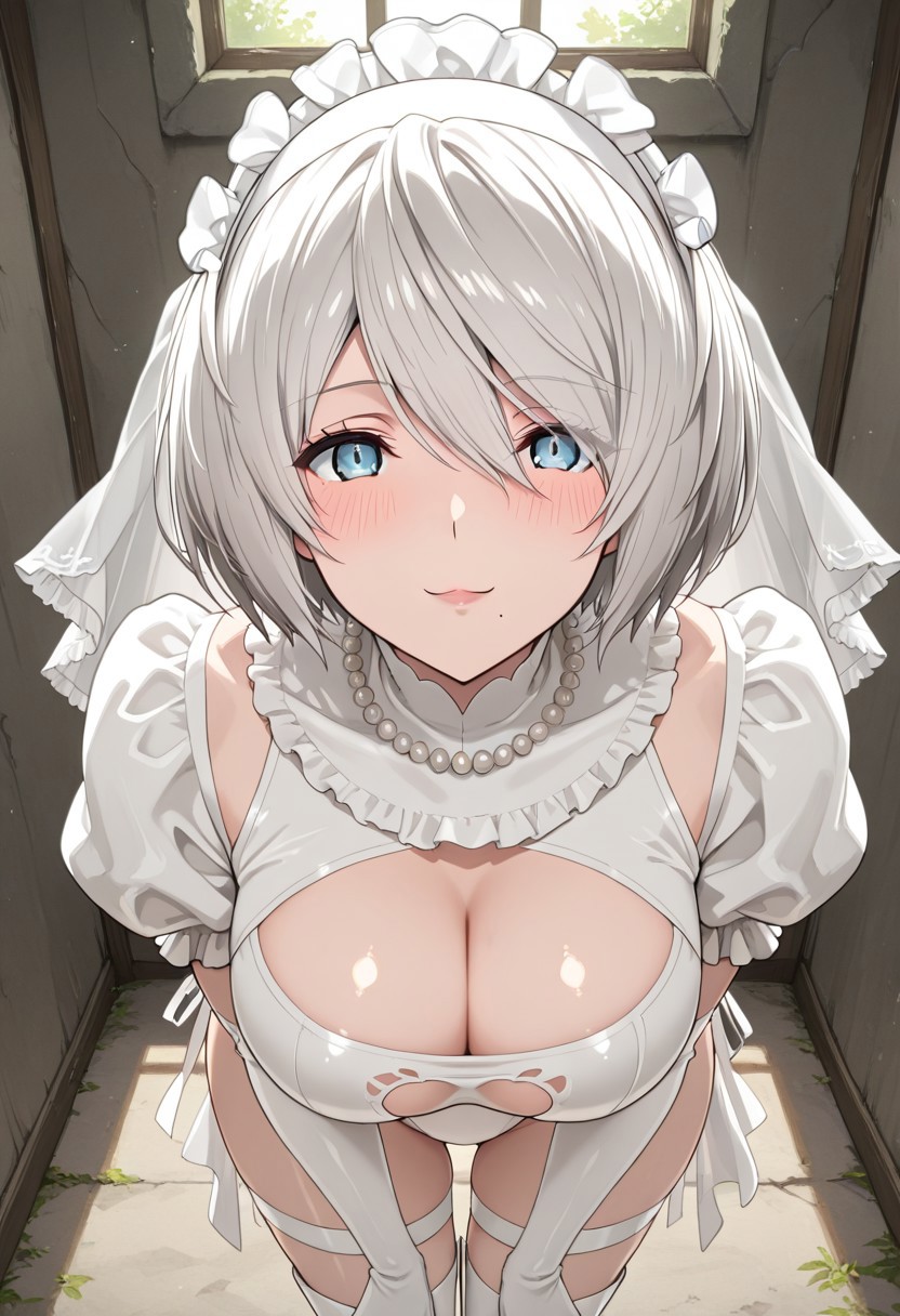 stand up, score_9,score_8_up,score_7_up,  detailed anime, nier anime style, screencap. source anime, masterpiece, detailed photo, perfect body, perfect face, pureerosface_v1, 2bWedding, 1girl, solo, clothing cutout, bridal gloves, cleavage cutout, high heels, large breasts, curvy, wide hips, large hips, silver hair, short hair, blue eyes, thighhighs, white leotard dress, thighhighs boots, high heel boots, white leotard, hairband, no blindfold, long sleeves, ((black with white gloves)), wide sleeves, white thighhighs, thigh strap, cleavage, pink lips, puffy sleeves, underwear, 1mole under mouth, leotard, parted lips, juliet sleeves, frills, white frilled hairband, detached sleeves, veil, pearl necklace, highleg leotard, see-through clothes,
BREAK
standing, frontal view, shiny skin, smoothy skin, blush, closed mouth, looking at viewer, sexy smile, upper body, bent over, face focus, face close-up, open mouth, :o , detailed face, detailed eyes,