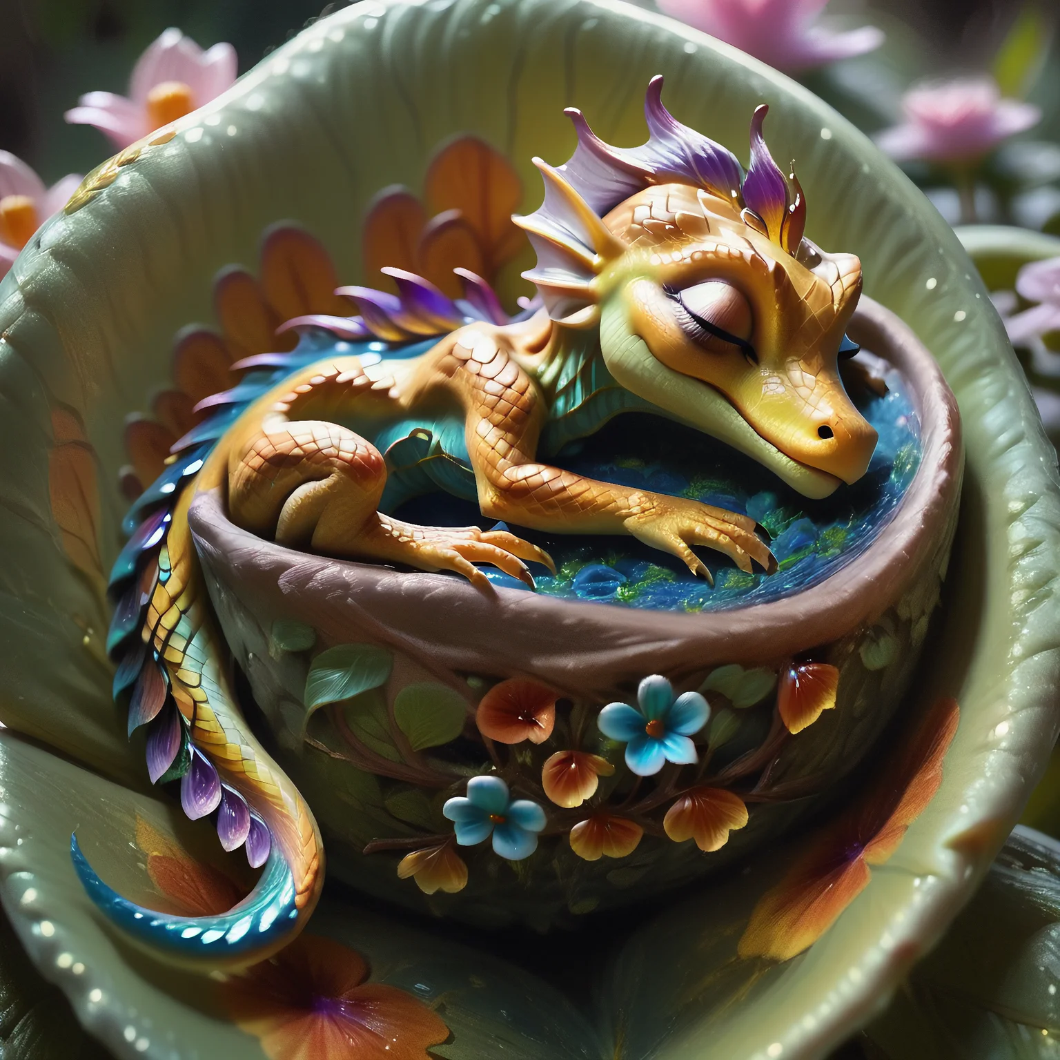 score_9, score_8_up, score_7_up, score_6_up, score_5_up, score_4_up, closeup adorable TINY colorful lizard, tiny, curled_up, sleeping IN A FLOWER, chibi, flower nest, ethereal, soft, hyper detailed, realistic, iridescent scales, beautiful, COLORFUL