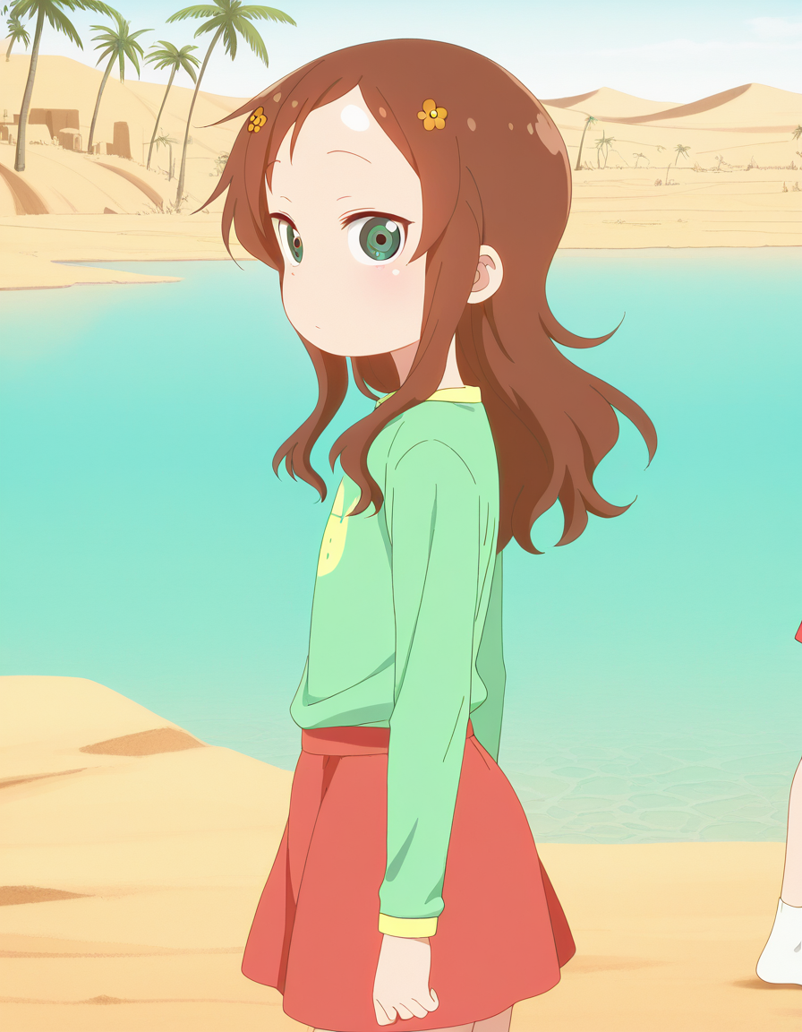 masterpiece, best quality, amazing quality,, <lora:riko-saikawa-s2-illustriousxl-lora-nochekaiser:1>, riko saikawa, long hair, brown hair, green eyes, hair flower, hair ornament, flower, anime screencap, skirt, shirt, long sleeves, red skirt, white socks, green shirt,, from side, oasis, water, palm_trees, desert, life, cowboy shot, solo, looking at viewer