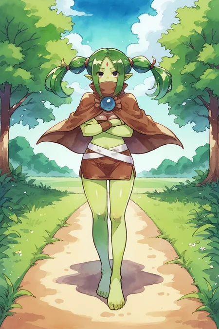 score_9, score_8_up, score_7_up, source anime, <lora:backgroundsetXL:0.3> , exterior, outdoors, plains, grass, trees, foliage, BREAK, solo, <lora:RuneElf:0.75>, 3lfdef, 1girl, green hair, twintails, sidelocks, colored skin, green skin, pointy ears, black eyes, forehead mark, facial mark, barefoot, covered mouth, popped collar, capelet, brown capelet, skirt, brown skirt, midriff, wristband, brown wristband, white belt, standing, looking at viewer, breasts, adult female, crossed arms, thick thighs, long hair, low-tied long hair, full body, <lora:ohr_cnXLP:0.7> , ohr_cn, traditional media, watercolor (medium), <lora:hourglassv2_pony:0.4> , hourglass body shape,