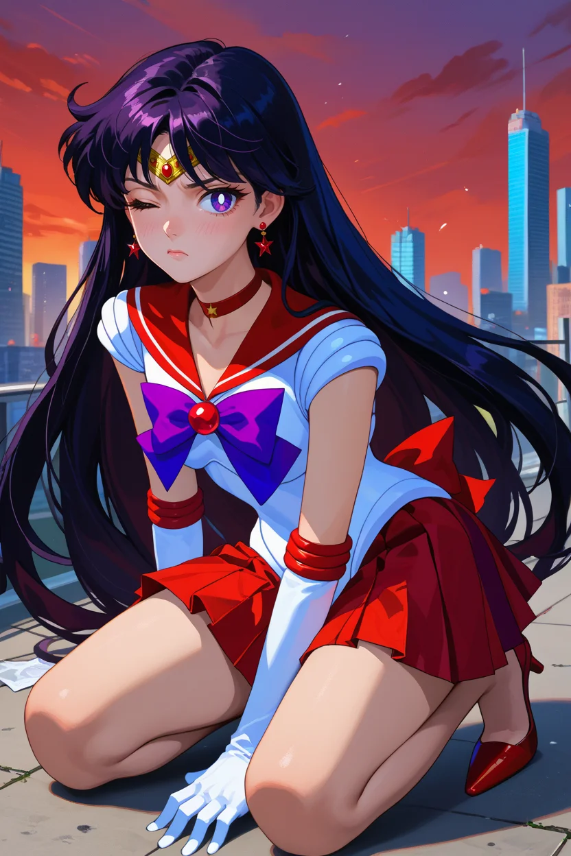 score_9, score_8_up, score_7_up, score_6_up, source_anime, 1girl, solo, <lora:sailormars-pdxl-nvwls-v1-000005:1> slrmars, black hair, long hair, purple eyes, circlet, earrings, choker, red sailor collar, white shirt, sleeveless, white leotard, purple bowtie, red skirt, pleated skirt, white gloves, elbow gloves, kneeling, wince, red sky, torn clothes, scratched face, holding own arm, red high heels, looking at you, city