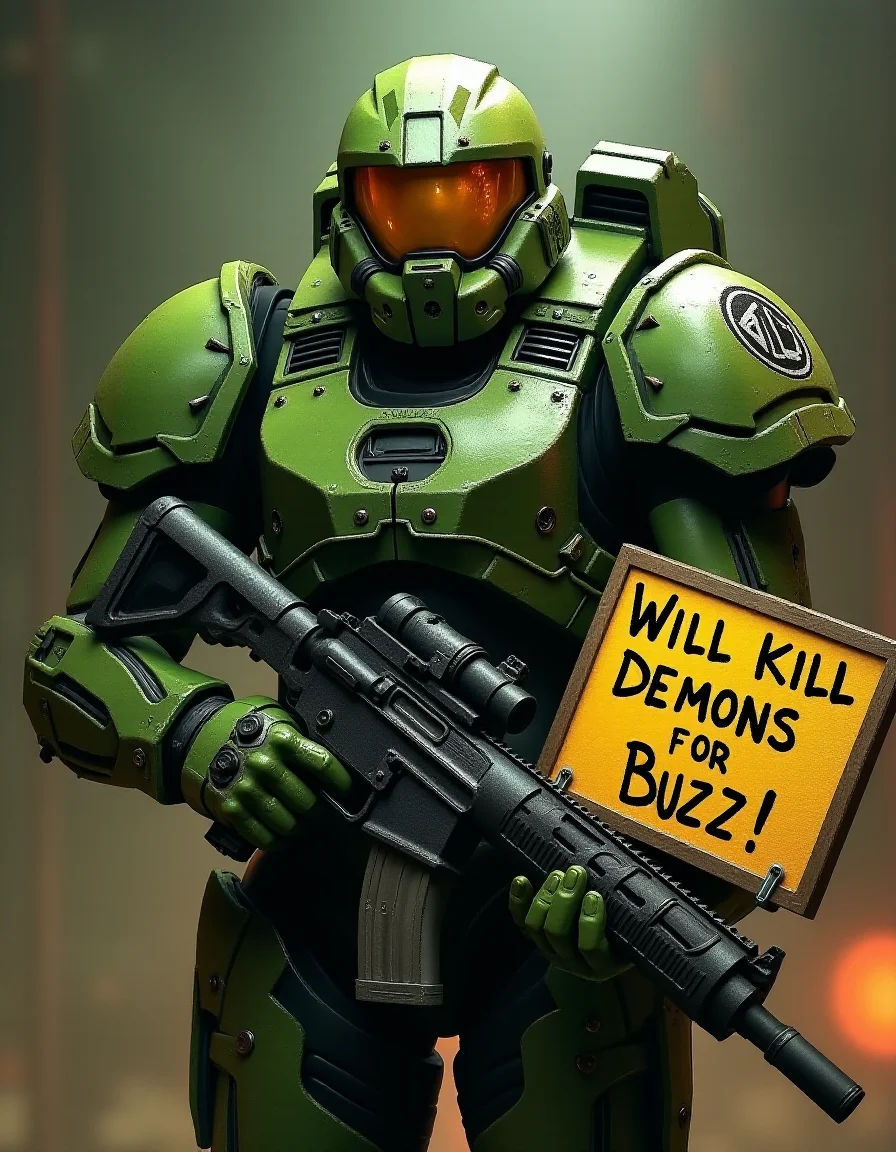 Doom guy from doom eternal wearing his iconic green praetor suit, he's holding a big gun in one hand and a board in other that says "Will kill demons for Buzz!"