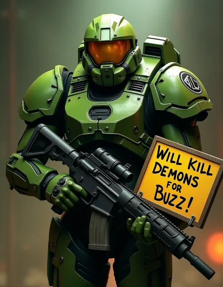 Doom guy from doom eternal wearing his iconic green praetor suit, he's holding a big gun in one hand and a board in other that says "Will kill demons for Buzz!"
