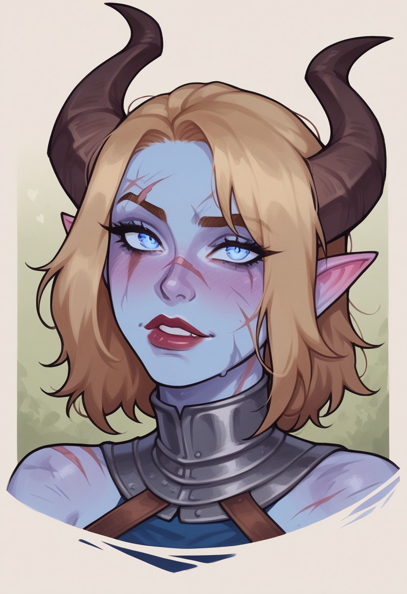 score_9, score_8_up, score_7_up, score_6_up, score_5_up, score_4_up, eye contact, looking at viewer, source_anime, naughty traditional art, lineart, DC, tiefling woman, (dirty blonde hair), demon horns, blue skin, cute face, attractive face, pretty face, rating_questionable, zPDXL, medieval, knight lady,  upper body portrait, scar over left eye,