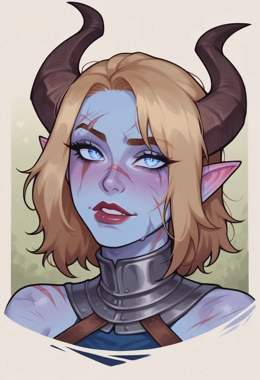 score_9, score_8_up, score_7_up, score_6_up, score_5_up, score_4_up, eye contact, looking at viewer, source_anime, naughty traditional art, lineart, DC, tiefling woman, (dirty blonde hair), demon horns, blue skin, cute face, attractive face, pretty face, rating_questionable, zPDXL, medieval, knight lady, upper body portrait, scar over left eye,