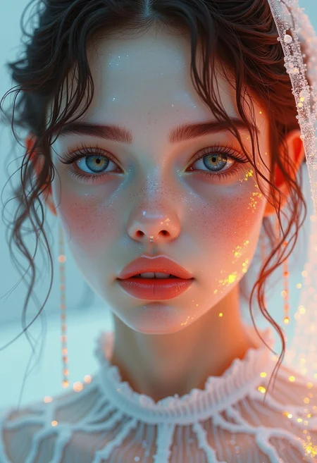 This is a highly detailed, digital illustration of a young woman with a striking, ethereal appearance. The artwork is rendered in a hyper-realistic, photorealistic digital medium, showcasing intricate details and vibrant colors. The subject has a fair, porcelain-like skin with a radiant glow, particularly evident on her face. Her eyes are almond-shaped, large, and expressive, with a captivating gaze that draws the viewer in.