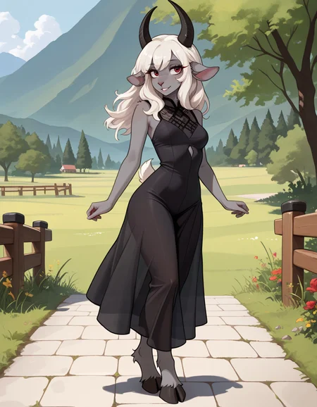 masterpiece, best quality, very aesthetic, absurdres,
outdoors,
full body, posing, barefoot,
seductive smile, parted lips, long eyelashes,
<lora:ElizaBeth_v01_NAIXL:1> ElizaBeth,1girl,solo,furry,furry female,goat girl,goat ears,horns,white hair,long hair,red eyes,animal nose,grey skin,tail,hooves,