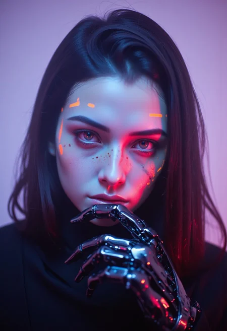 A high-resolution close-up photo of a striking woman with a cybernetic arm. Her face has a pale, metallic sheen, with glowing blue dots on her forehead and cheeks, adding an otherworldly touch. Her almond-shaped eyes gleam with a mix of amusement and challenge, framed by dark, shoulder-length hair that adds a touch of mystery. Her expression is confident and slightly amused, as if daring anyone to challenge her. The scene has a dystopian, overexposed, and faded atmosphere, with a soft, bleached glow that washes over her features. Neon highlights, tinged with orange, trace the contours of her face, subtly emphasizing her cybernetic nature. The background is a washed-out blur, creating a hazy, ethereal effect that enhances the mysterious, almost melancholic mood. The overall color palette is stark and muted, with the neon details offering a faint, glowing contrast against the pale, dystopian ambiance.