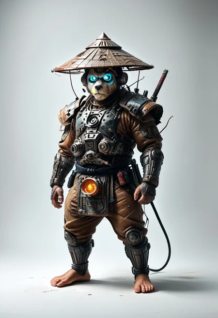 masterpiece, best quality, newest,
eyecatching composition, dynamic pose, dynamic angles, detailed background of bamboo forest, Asian conical hat, strawhat, conical hat,
A Shadow faster than the light
Like cosmic fire his presence is
Shining in the night
Born from high technology
Too fast for human eyes to see
A soldier made of cyber steel
Create to kill the enemy
By neutreon power he is ready to strike
Can you feel the fire
See the anger in his burning eyes
He's the Super Sonic Samurai
By jetpack power he's ready to fly
He's the Super Sonic Samurai
Laser Katana high up to the sky
For the Super! Sonic Samurai!
barefoot plantigrade furry male, panda bear, chubby