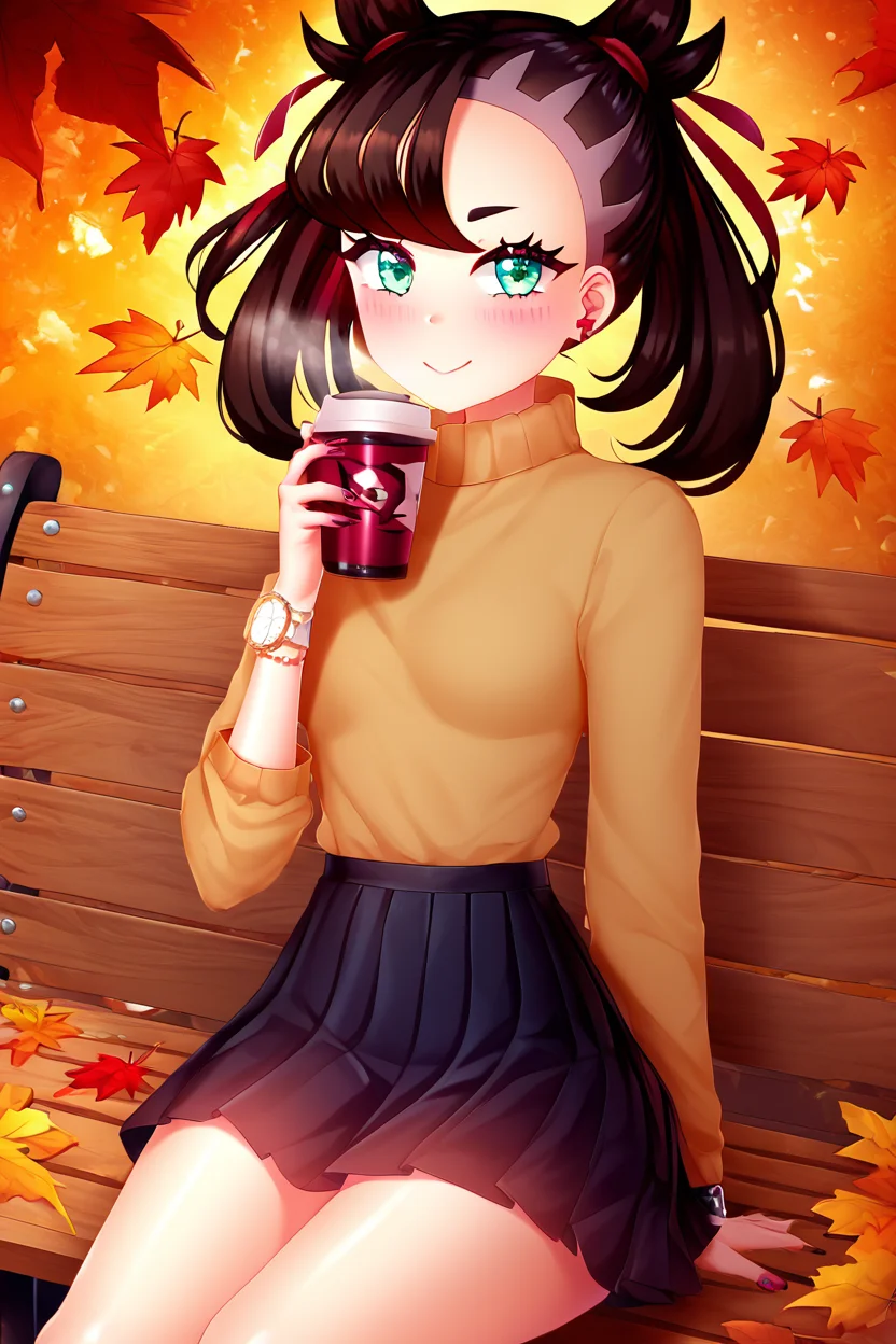 score_9, score_8_up, score_8, medium breasts, (curvy), cute, eyelashes, BREAK ,,, <lora:Marnie_Pokemon_P1:0.7>, zzMarnie, 1girl, :o, ahoge, autumn, bench, black skirt, blush, brown sweater, coffee, hair ornament, hairclip, holding, large breasts, long hair, looking at viewer, nail polish, outdoors, pink nails, sitting, skirt, solo, sweater, watch, wristwatch, ,,, <lora:Puppypaww_Style_PDXL_v2:1.0>, , BREAK, smile, looking at viewer, embedding:zPDXL, Expressiveh, <lora:SDXLFaeTastic2400:0.5>, <lora:Expressive_H-000001:0.4>,
