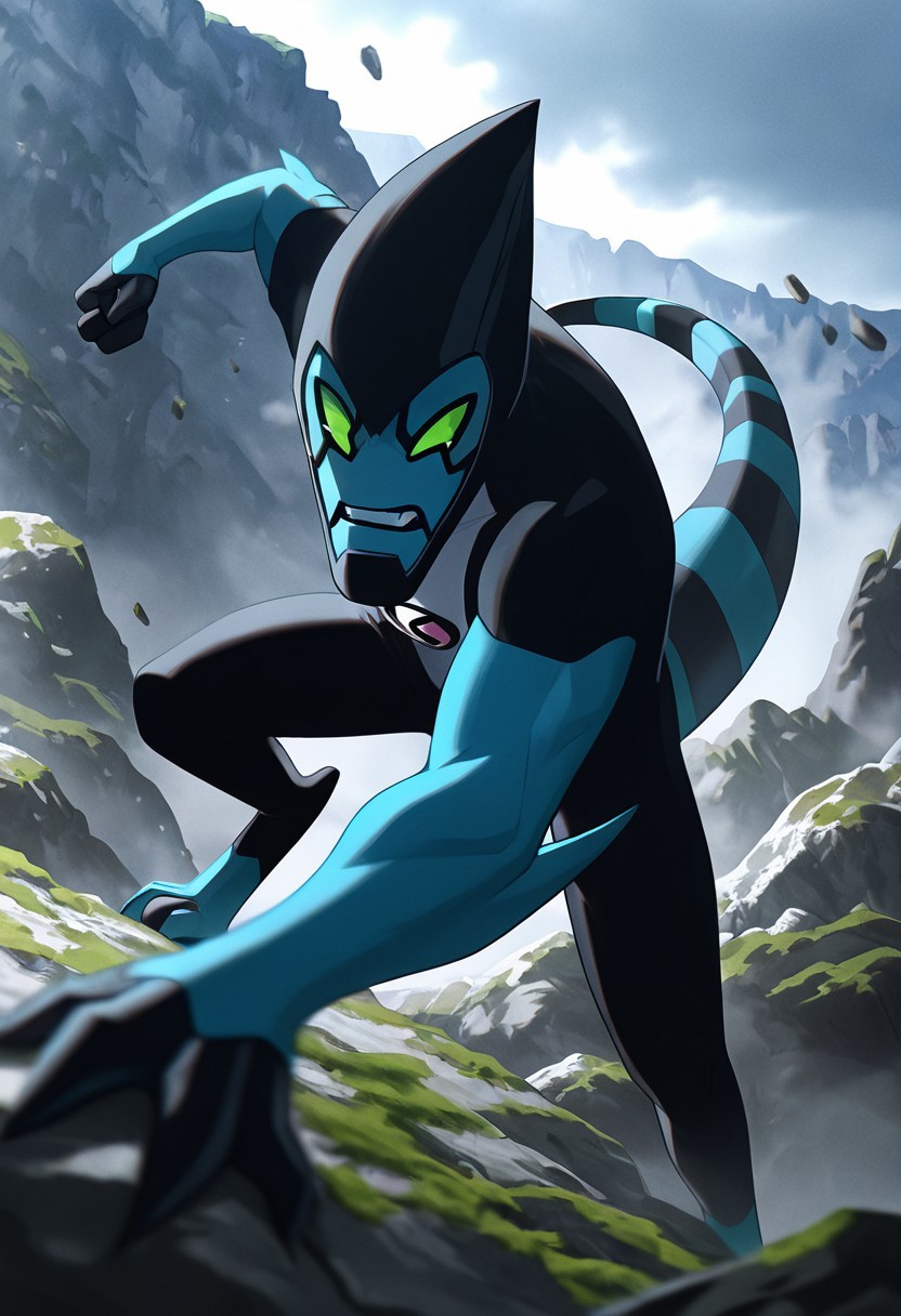 masterpiece, best quality, amazing quality, very aesthetic, absurdres, newest,, detailed background, 
 movie scene, cinematic scene, cinematic, foreground blur, depth of field, 
xlr8, blue skin, green eyes, 1boy, stripped tail, reptile tail, green sclera, pokemon (creature), alien, black chin, black tear streaks, 
incoming punch, rocky background, mountain Rushmore, on mountain, gray rocks, moss, ,