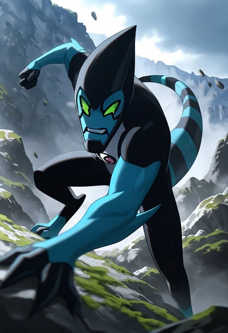 masterpiece, best quality, amazing quality, very aesthetic, absurdres, newest,, detailed background, 
 movie scene, cinematic scene, cinematic, foreground blur, depth of field, 
xlr8, blue skin, green eyes, 1boy, stripped tail, reptile tail, green sclera, pokemon (creature), alien, black chin, black tear streaks, 
incoming punch, rocky background, mountain Rushmore, on mountain, gray rocks, moss, ,