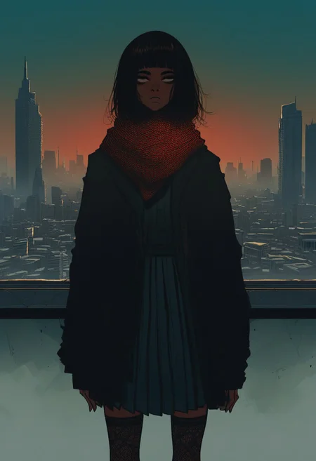 score_9, score_8_up, score_7_up, score_6_up, score_5_up, flat color, sinozick style, john kafka, (1girl, brown skinned, blunt bang, bob hair, green beanie, scarf, fantastic robe, cool pleated skirt, a pair of stockings), (city, red light, giant, CR33P1NGF0G, fog)
