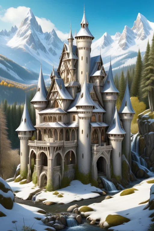 a n old abandoned fairy tale castle with many towers, castle <lora:Castle_Style_Concept:1> in a beautiful old forest, snowy mountains in the background, a small stream with waterfall, intricate, detailed, photorealistic, masterpiece