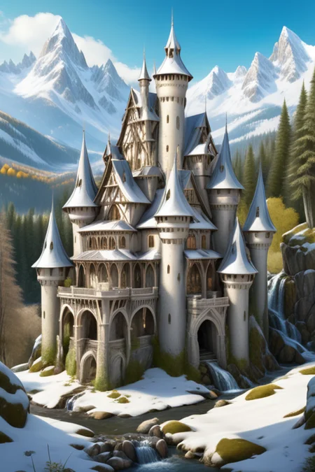 a n old abandoned fairy tale castle with many towers, castle <lora:Castle_Style_Concept:1> in a beautiful old forest, snowy mountains in the background, a small stream with waterfall, intricate, detailed, photorealistic, masterpiece