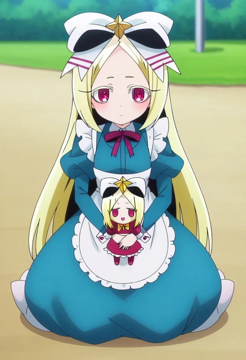 <lora:sdxl-ma-korisu-pony:0.9> 1girl, solo, blonde hair, long hair, sidelocks, parted bangs, ruby eyes, blonde eyelashes, flat chest +++ nero alice, skyblue long maid dress, long sleeves, star (symbol), puffy sleeves, hair bow, white maid apron, white bow, ribbon, juliet sleeves, frills. :> :o, pocket park, holding doll Night Market, +++ Shielding face with hands, on back, looking at another, full body, cinematic lighting, extremely quality extremely detailed, illustration, cute anime face, anime coloring