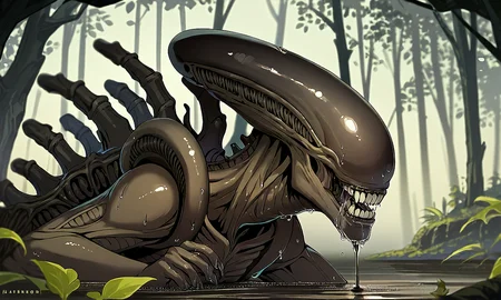score_9, score_8_up, score_7_up, score_6_up, score_5_up, score_4_up, source_western, BREAK, a xenomorph in a swamp, wet, drool, mud, trees,
