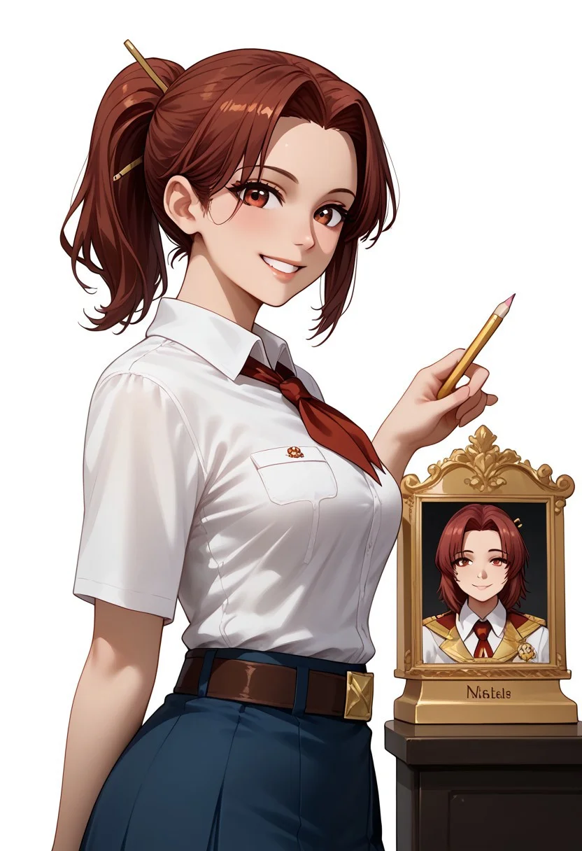 easynegative, ng_deepnegative_v1_75t, Expressiveh, verybadimagenegative_v1.3, diana, burgundy hair, medium hair, medium ponytail,pencil-hairpin, burgundy eyes, medium breasts, bangs, smiling slightly, looking at viewer, sexy pose, photo studio, white background, standing, side view, white shirt, blue skirt, brown belt with golden plaque, red neckerchief,