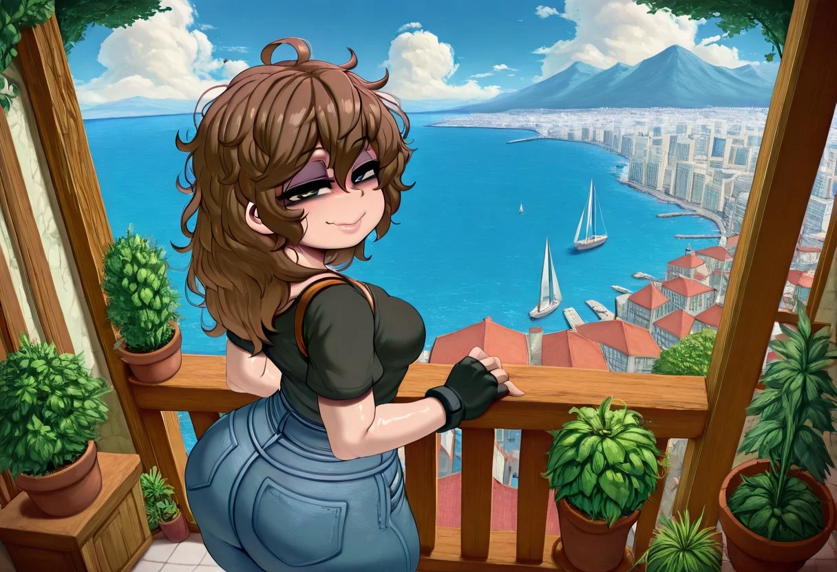 masterpiece, best quality, solo, curvy,bbw,pawg, beautiful eyes, solo, smile, looking at viewer, foreshortening, close up,,
(medium breasts, brown hair,messy hair,lips,(detailed eyes),shaded eyelids,slanted eyes,half-closed eyes,black eyes),,
fingerless gloves, shirt, denim jeans,,
dynamic pose, cowboy shot, smile, looking at viewer, shiny skin, Jlullaby, Musouzuki, greatestgoristyle, krekkov style, from behind,,
Adrpormb2, sky, cloud, plant, day, outdoors, ocean, Potted plant, building, water, watercraft, cityscape, Scenery,