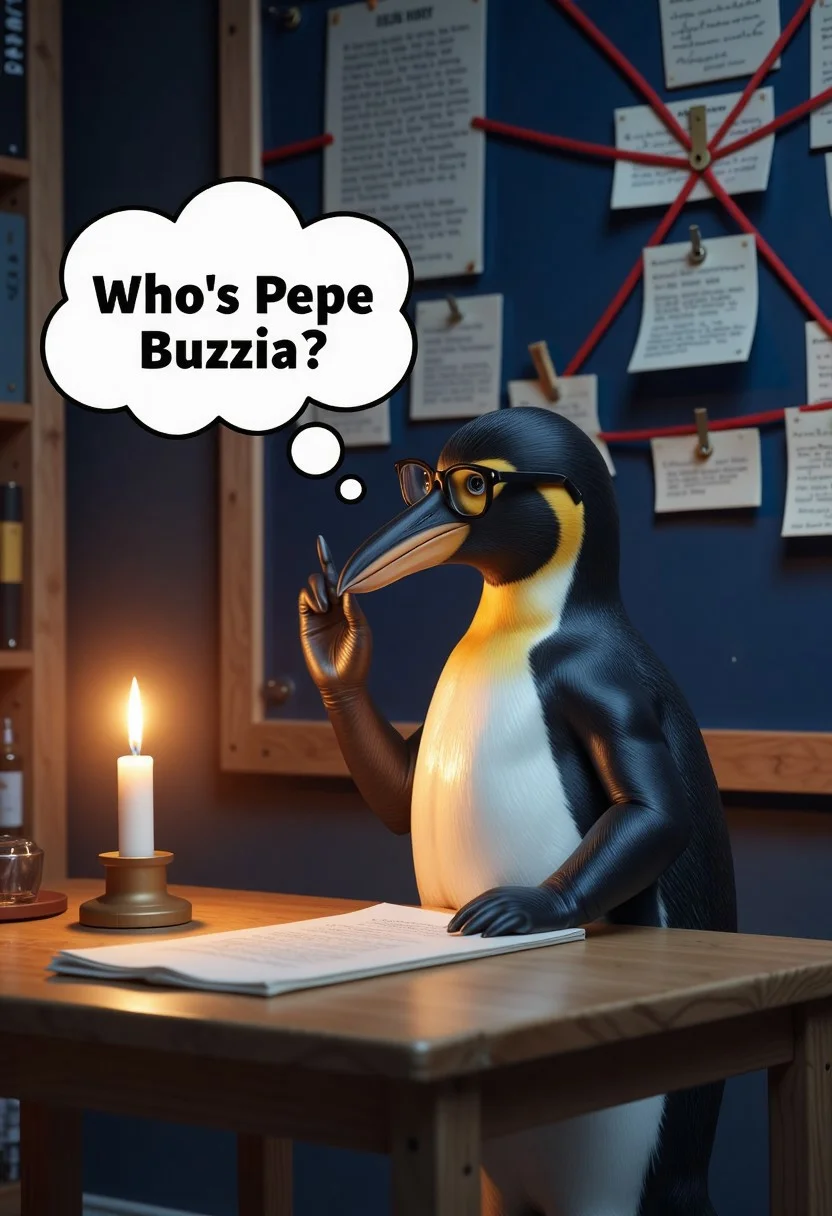 Young penguin sitting in a mail room basement at a research table, with a pencil held up to his temple in deep thought. he has normal emperor penguin young look light blue eyes. He is wearing black rimmed glasses. A thought speech bubble reads in prominent font "Who is Pepe Buzzia?". The scene is dark and candle-lit. Red yarn is connected in the back ground on a navy push pin board to various letters and documents in the style of 'It's always sunny in Philadelphia"