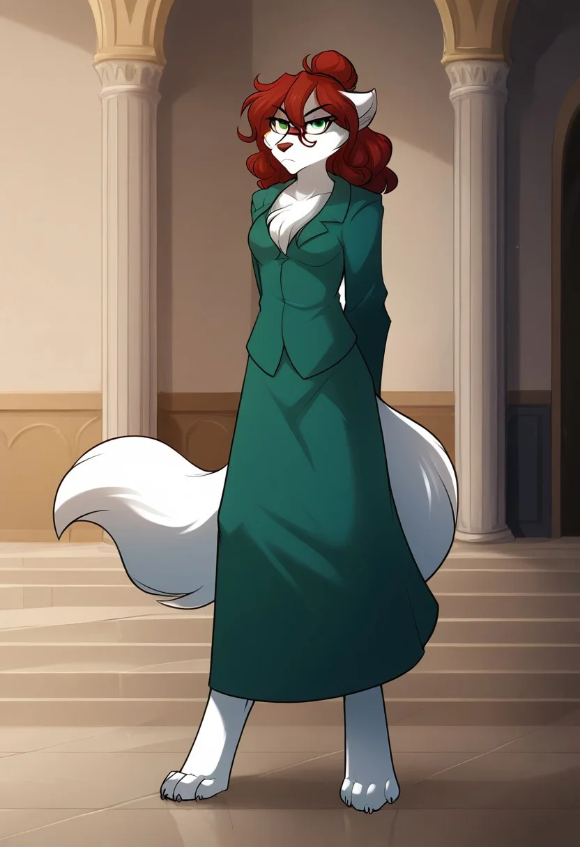 score_9, score_8_up, score_7_up,score_6_up,score_5_up, source_furry
BREAK
solo, 40 years old, furry female anthro, long hair, medium breasts, (serious, unexpressive), green robe, green coat, green skirt, hair bun, (indoors, palace great hall), full body shot, glasses, digitigrade, barefoot, hands behind back, tail under skirt, standing
BREAK
rose-twokinds, keidran, mammal, wolf tail, green eyes