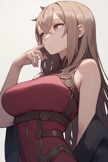 score_7_up, high resolution, 1girl, looking away, pinky swear, turn pale, dark brown hair, crossed bangs, long bangs, light brown eyes, large breasts, bronze underbust <lora:kuroboshi_kouhaku_PonyXL_style_v01.09:1>