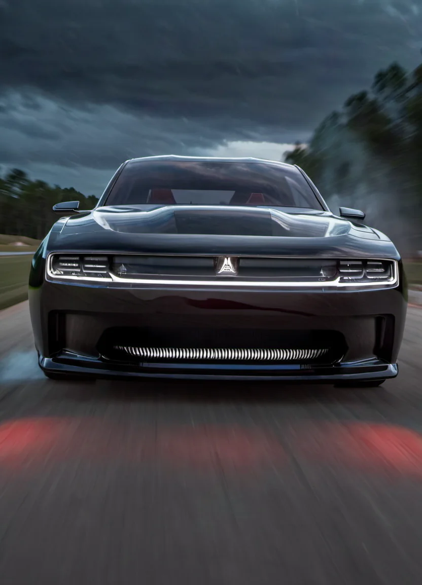 <lora:ChargerConceptSDXL_v1:1> black chargerconcept driving, seen from the front with the lights on, tire smoke, dramatic, red lighting, driver, storm and thunder,
realistic, cinematic, highly detailed,