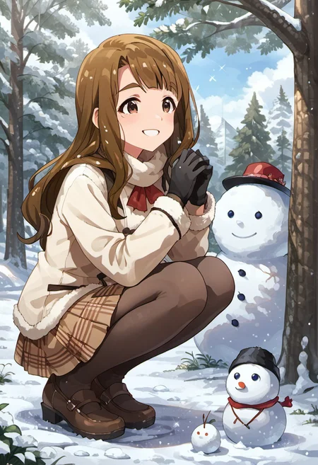 score_9, score_8_up, score_7_up, source_anime,miyao miya, brown hair, long hair, brown eyes, snowman, gloves, squatting, outdoors, snow, pantyhose, ^ ^, smile, black gloves, 1girl, solo, tree