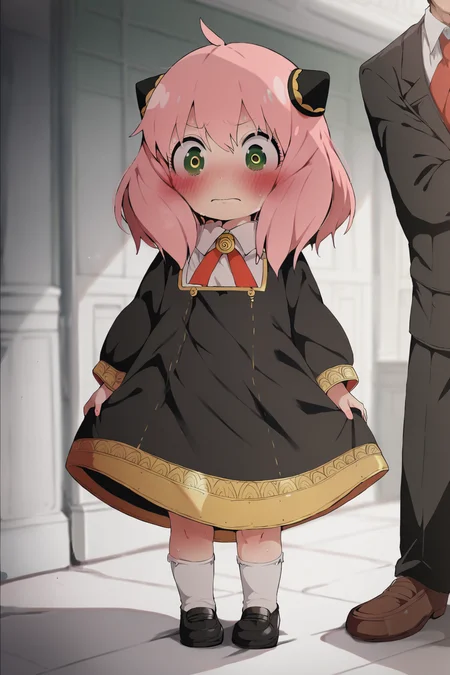 score_9,score_8,1girl,<lora:Anya Forger:0.7>,Anya Forger,1girl,anya (spy x family),pink hair,school uniform,blush,green eyes,dress,black dress,sfw,standing,