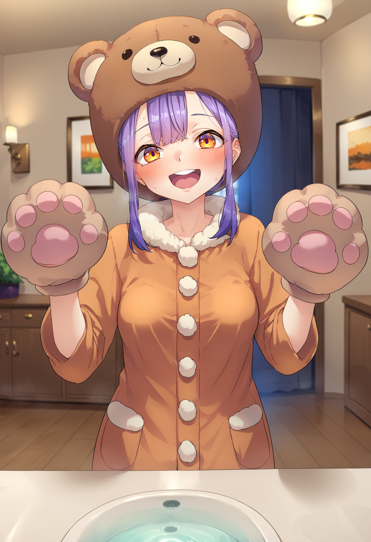 score_9, score_8_up, score_7_up, best quality, masterpiece, uncensored, source_anime
BREAK
1girl, :d, animal costume, animal hands, animal hat, bear costume, bear hat, blush, female focus, small breasts, gloves, hands up, hat, mature female, looking at viewer, open mouth, orange eyes, paw gloves, purple hair, smile, solo, standing, indoors
<lora:yamada_pony_v5-000015:1>