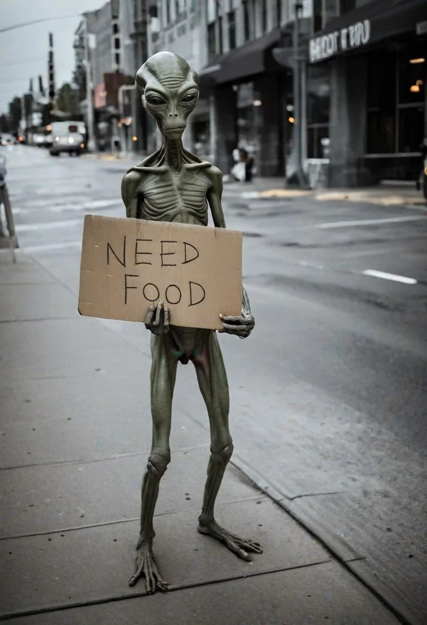 (Homeless alien:1.3) on a city sidewalk, holding a cardboard sign with "Need Food", appearance tired and forlorn, style like a documentary photo, dominant colors grey and earthy tones, mood reflective, lighting subdued and overcast, high resolution