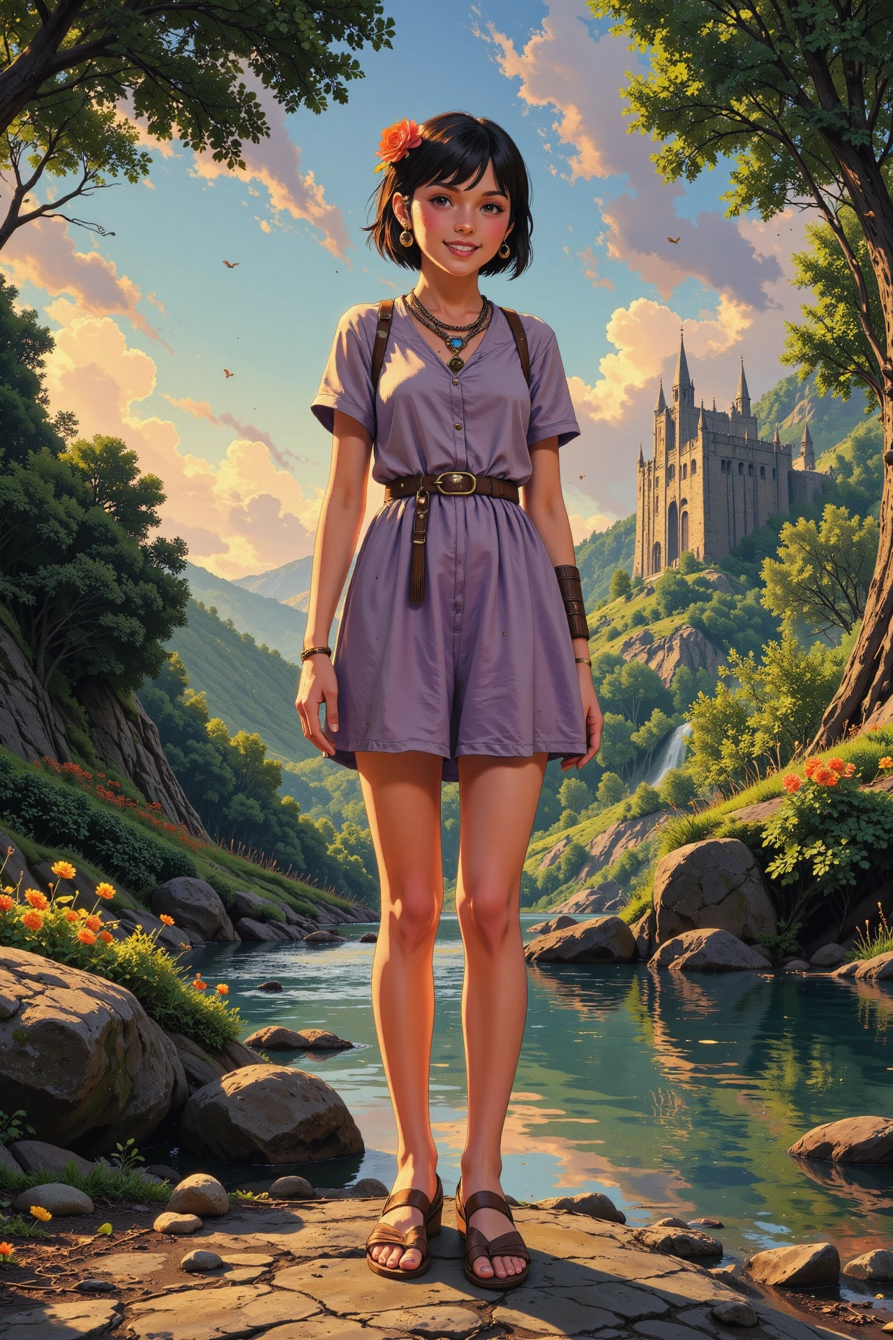 buzz cut chocolate hair young woman, druid, anime, illustration, extremely detailed, portrait, standing, happy smile, flower in hair, glossy lipstick, celtic necklace, ball earrings, loincloth, sandals,  Light Zerg Purple druid short dress, legs, sharp focus, fantasy, celtic landscape, small rock, moss, ripples, reflections, celtic  castle, small river pond, druid forest, druid village, stunning nature environment, enchanted land, clovers, Bright Taxi Cab Yellow flowers, best quality, colorful, wet floor, bright sunny sky, sunset, raytracing, hdr, high contrast, ethereal natural lights, backlight, lens flare, shadows, vibrant colors, colorful, pretty, beautiful, happy, smiling, feminine, sexy, lovely, in love, adorable, fashion,  <lora:Hand v2:1> <lora:Anti-Blur:1><lora:Insane Detail Slider:0.5>  <lora:flux.1_lora_flyway_Epic-detail_v2:0.3><lora:fluxenhancer:0.5> <lora:RetroAnimeFluxV1:0.4> <lora:Luminous_Shadowscape:0.4> <lora:SujatmikoArafuru_Flux:0.2> Suzume style