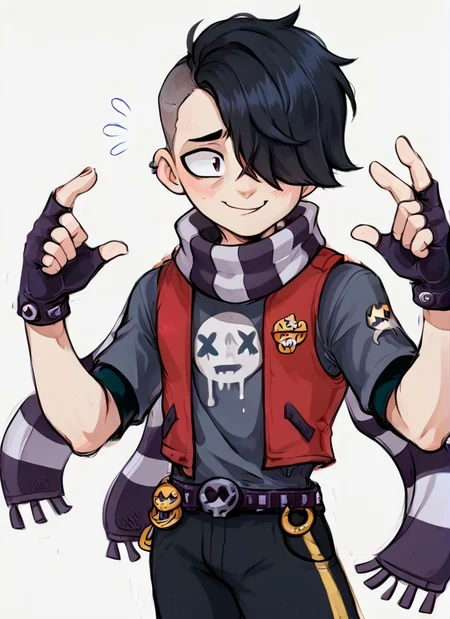 score_9, score_8_up, score_7_up, <lora:bsedgar:1> ear bsedgar , 1boy , short hair , black hair, hair over one eye,piercing, solo,striped scarf ,red vest , grey shirt, short sleeves, belt , black pants ,black gloves, fingerless gloves, blush, nervous smile, <lora:Aer0Zer0_Artist_Style:1>