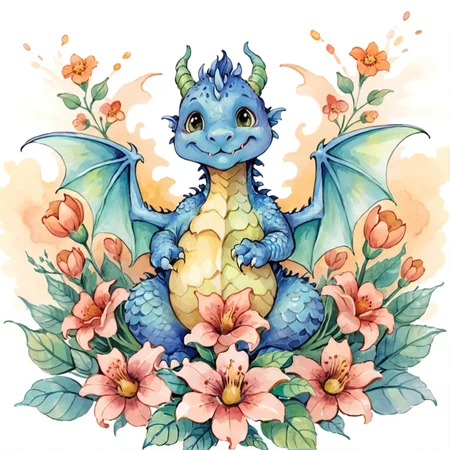Abstract style art of cute dragon, flowers, abstract watercolor, csw, black eyes <lora:CSW-Style-2-000017:0.8>, Non-representational, colors and shapes, expression of feelings, imaginative, highly detailed