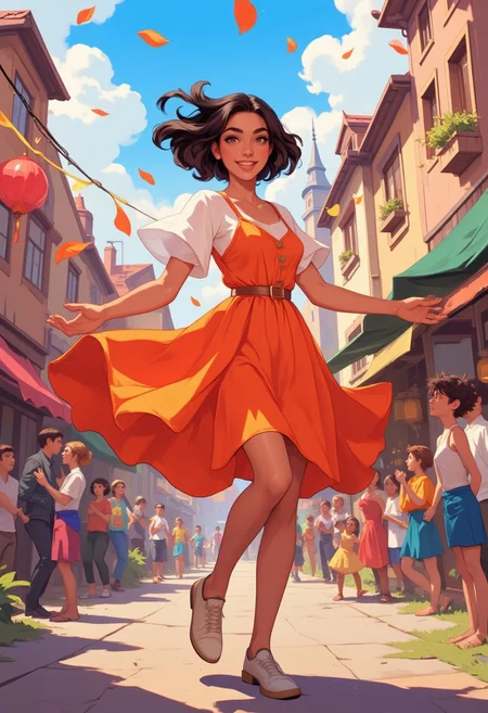 "Amidst a vibrant festival in a lively, colorful town square, a young woman dances with unbridled joy. Her bright, flowing dress swirls with every movement, reflecting the colors of the surrounding celebration. Her eyes sparkle with happiness, and her radiant smile lights up the scene. She tosses flower petals into the air, which catch the sunlight as they flutter down. Around her, musicians play upbeat tunes while children laugh and dance alongside her. Lanterns hang overhead, and the scent of sweet pastries fills the air. The entire atmosphere is alive with energy, reflecting the pure, uncontainable essence of joy."
