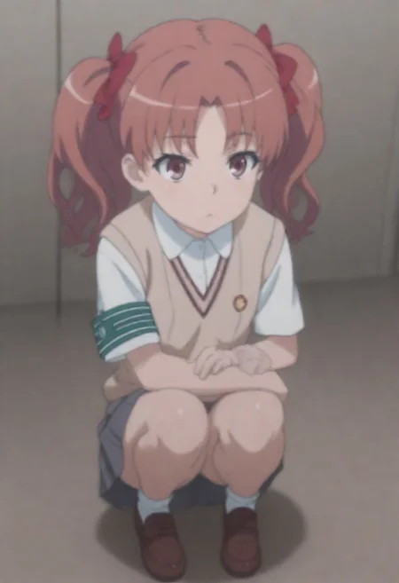 masterpiece, best quality, amazing quality,,, shiny skin,,,,,, Shirai Kuroko,long hair,pink hair,wavy hair,twintails,hair bow,red bow,hair ribbon,red ribbon,parted bangs,pink eyes,tokiwadai school uniform,brown sweater vest,white shirt,collared shirt,armband,short sleeves,,miniskirt,grey skirt,pleated skirt,ankle socks,loafers,<lora:Shirai Kuroko(tkr)-Illus:1.6>,