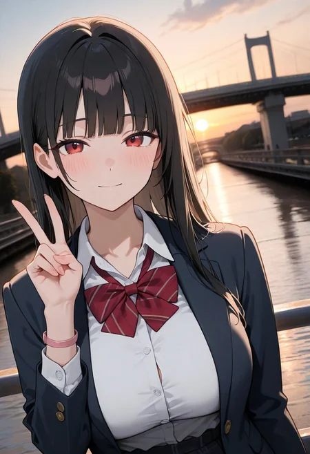 masterpiece,best quality,amazing quality,newest,absurdres,highres, newest,very awa, scenery, anime,flat color,
from front, portrait,dutch angle,
1girl, beautiful face, perfect eyes, detailed eyes,mature female,
black hair,long hair, straight hair,blunt bangs,light smile, , looking at viewer, blush,
red eyes,
large breasts,collarbone,
seifuku,collared shirt, plaid red bowtie, open blazer, small pink wristlet,
v,hand up, urban,on bridge, bridge,
depth of field, sunset,volumetric light,blurry background,backlighting,photo background,
